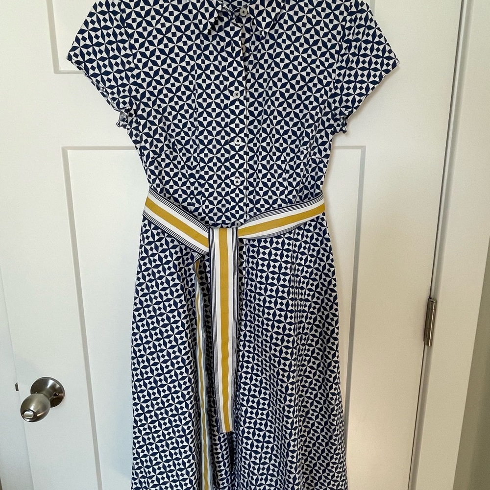 Boden Navy and White Geometric Midi Dress with Belt